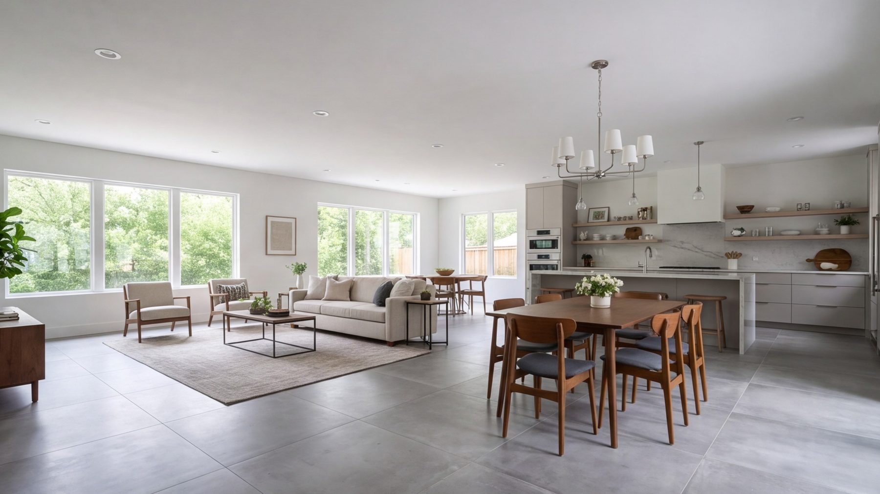 wide view of a remodeled living and dining room opened to the kitchen, one continuous floor, soft light