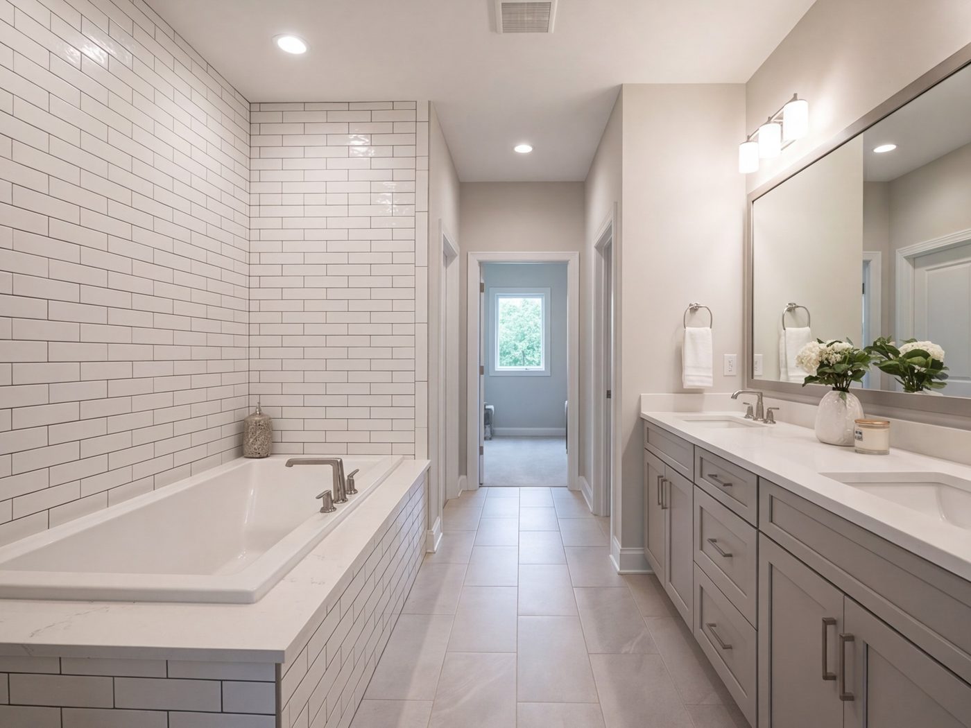 Expanded hall bathroom with a deep tub and tile running to the ceiling
